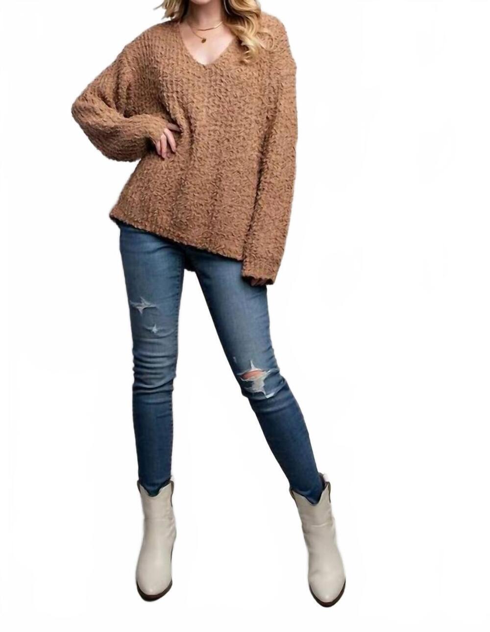 NEW SWEET GENERIS loose popcorn knit boat neck pullover in chocolate